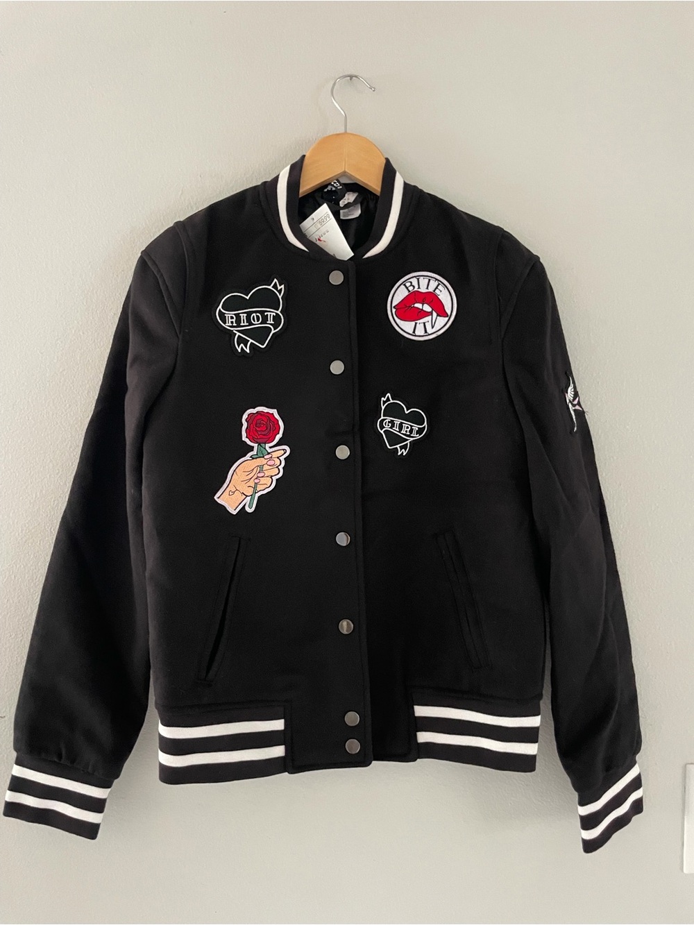 H&M Divided Black Varisty Jacket with Snap Detail & Patches